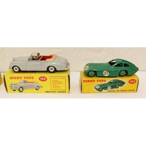 232 - Dinky. Collection including Austin Saloon No 160, Bentley No 194, Bristol Sports Coupe No 163,  Pull... 