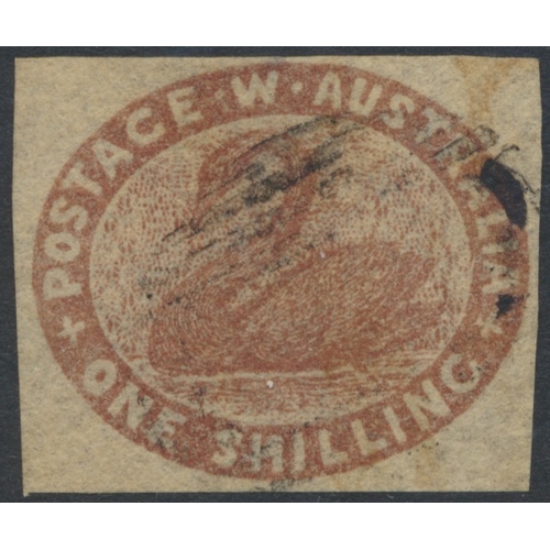 139 - Western Australia. 1854 Swan 1/- deep red-brown, 4 margins U, with 2 small stains on the right side.... 