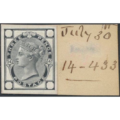 271 - 1874 3d die proof in black on glazed card with void corner letters, mounted on small part of D.L.R. ... 