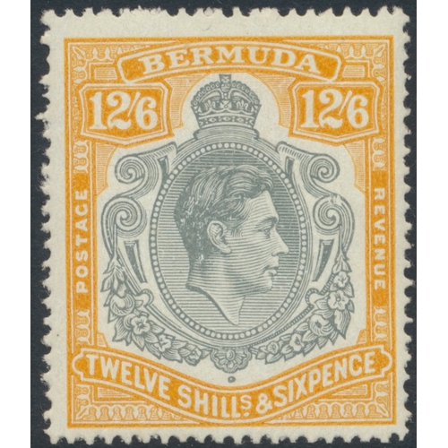 152 - Bermuda. 1938-53 12s.6d deep grey and brownish orange, displaying variety 'Broken lower right scroll... 