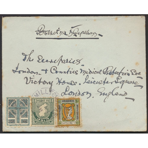 176 - Ireland. 1928 Ireland to England cover bearing 1908 Sinn Fein propaganda labels, 'Celtic Cross' and ... 