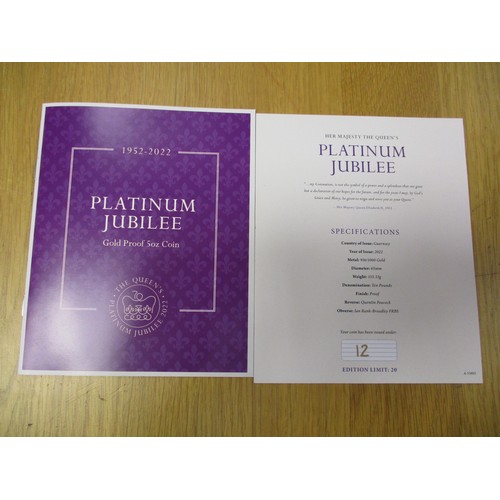 822 - Investment Gold Lot - documents required. Guernsey. 2022 Platinum Jubilee £10 22ct gold 5oz boxed pr... 