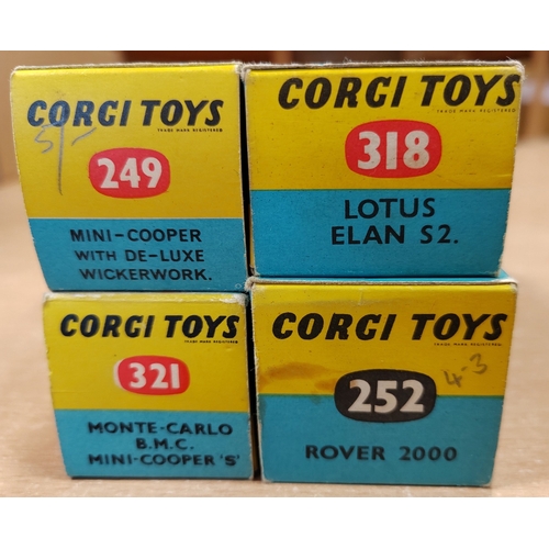 206 - Corgi. Range generally very good with fair to good boxes with No.249 Mini Cooper with de-luxe wicker... 