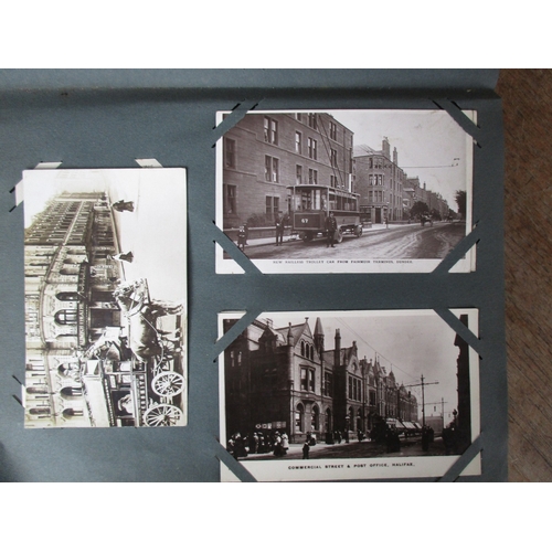 43 - Misc. coln. in 3 old albums. Range of UK topo. Horbury incl. tram in snowdrift (see photo), Prestonp... 