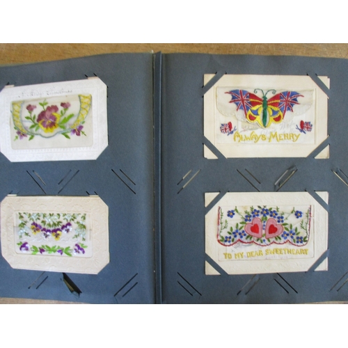 62 - Misc. coln. in old album and loose. French religious theme woven silks (2), embroidered silks in mxd... 