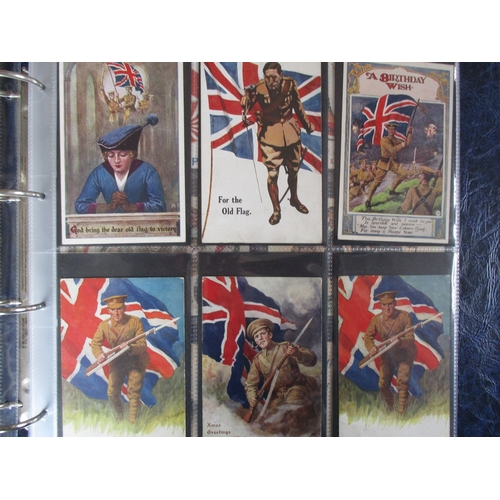 90 - Military. WWI coln. in 2 large modern albums. patriotic range incl. flags, British Bulldog, 'God Sav... 