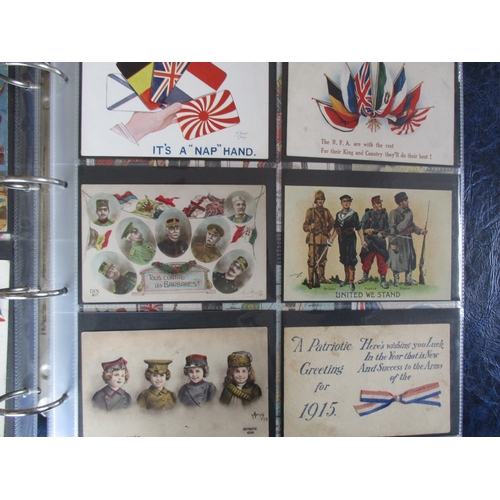 90 - Military. WWI coln. in 2 large modern albums. patriotic range incl. flags, British Bulldog, 'God Sav... 