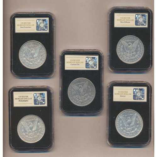 1059 - USA. 'The Complete Morgan Dollar Mintmark Collection' cased set of 5, generally fine to very fine, w... 