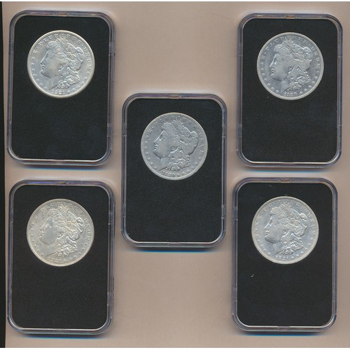 1059 - USA. 'The Complete Morgan Dollar Mintmark Collection' cased set of 5, generally fine to very fine, w... 