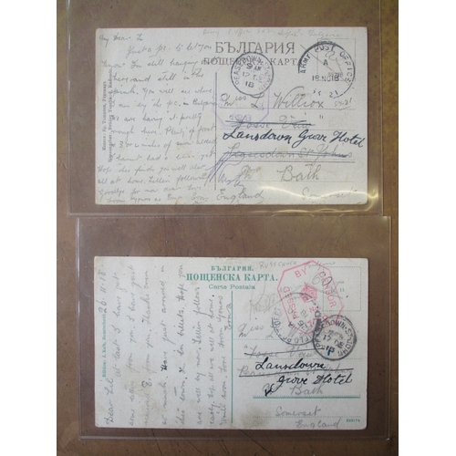 196 - 1918 British Forces in Bulgaria PPCs trio, all with 'Passed / by / Censor' octagonal cachets in viol... 