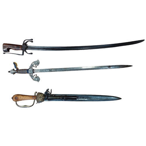 118 - Edged weapons range some with scabbards, includes 1874 Tulle Chassepot sword bayonet with metal scab... 