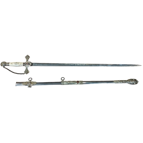 125 - US Knight Templar sword with enamel fittings, 80% ornately etched double edged blade with pitting, r... 