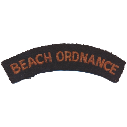 150 - Scarce WW2 Beach Ordnance cloth shoulder title, off red embroidered lettering on navy blue backgroun... 