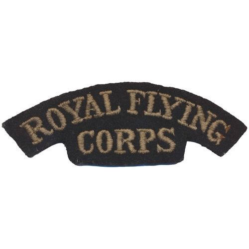 154 - Royal Flying Corps cloth shoulder title, white embroidered serif lettering on black background, mino... 