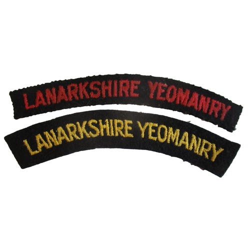 156 - Lanarkshire Yeomanry cloth shoulder titles:
1. Red embroidered lettering on black background, has be... 