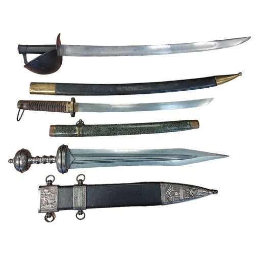 119 - Replica sword range with Naval cutlass with leather scabbard and metal fittings, Wakizashi with scab... 