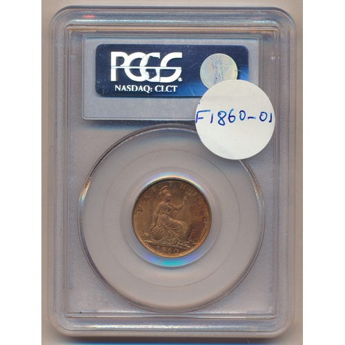 488 - Collection of farthings in plastic holders with PCGS 1860 toothed border MS64RD, 1873 MS64RB, 1881 M... 