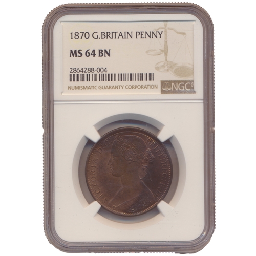 601 - 1870 penny in NGC holder graded MS64BN. (See photo) (Y)