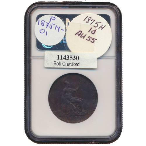 603 - 1875H penny in NGC plastic holder graded AU55BN. (See photo) (Y)