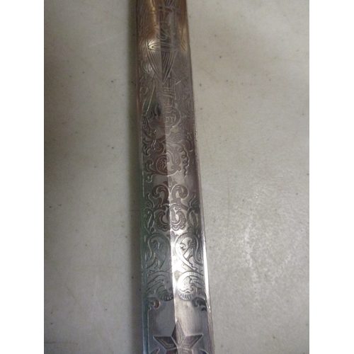 130 - Turkish officer's sword, circa WW1, blade 40% ornately etched to both sides including trophy of arms... 