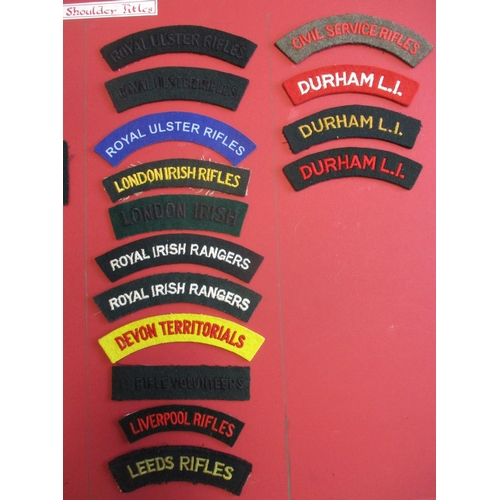 148 - Cloth shoulder title collection mounted on 2 boards with double sided tape. Mainly embroidered lette... 