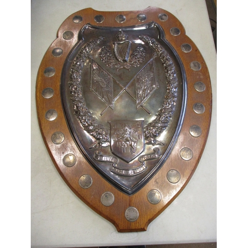 160 - Royal Irish Rifles 1913 large silver and wooden prize shield with Sheffield silver hallmarks by Walk... 