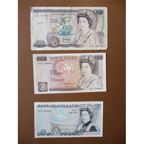 205 - Range with Page £20 fair, Somerset £10 AX21 uncirculated, £5 JZ71 extremely fine, £1 CS30 uncirculat... 