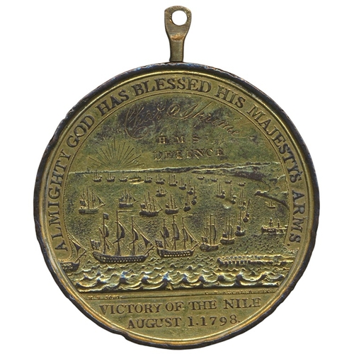 21 - 1798 Davison's Nile Medal in gilt bronze, fitted with small ring mount, engraved in field above flee... 