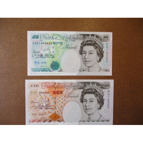 261 - Merlyn Lowther. 1999 first prefixes set uncirculated with £5 Stephenson EA01 000620, £10 Dickens KL0... 