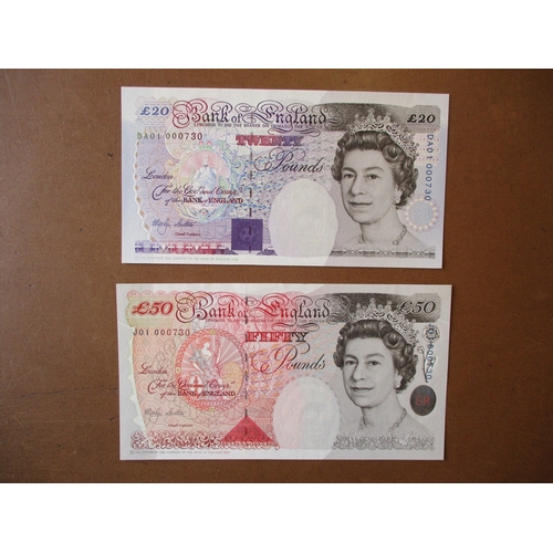 262 - Merlyn Lowther. 1999 first prefixes set uncirculated with £5 Stephenson EA01 000730, £10 Dickens KL0... 