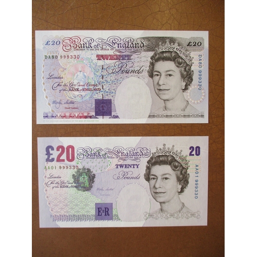 263 - Merlyn Lowther. 1999 £20 Faraday DA80 999330 and Elgar AA01 999330 matched pair uncirculated, bankno... 