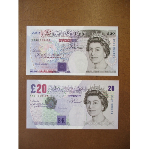 264 - Merlyn Lowther. 1999 £20 Faraday DA80 999404 and Elgar AA01 999404 matched pair uncirculated, bankno... 