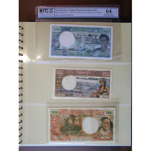 269 - French Colonies. Collection in album with New Hebrides 1967 1,000f 