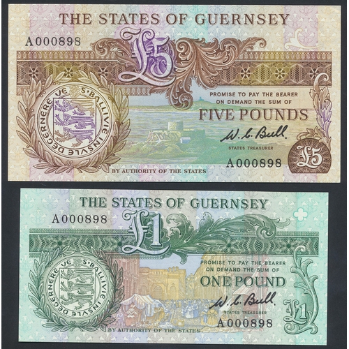 333 - Guernsey. 1980 W.C Bull £1, £5, £10 and £20 uncirculated matched set all with A000898 serial numbers... 