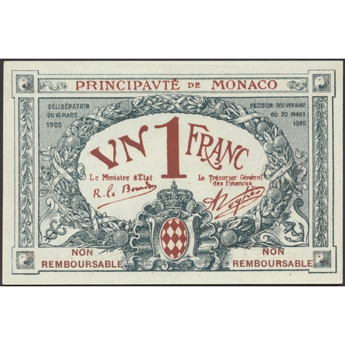 350 - Monaco. 1920 1f overprinted ESSAI and NON REM-BOURSABLE uncirculated. (See photo) (N)