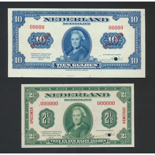 353 - Netherlands. Muntbiljet 1943 2.5g green, 10g blue and 25g olive all 000000 punch hole cancelled and ... 