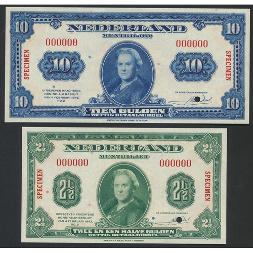 354 - Netherlands. Muntbiljet 1943 2.5g green, 10g blue and 25g olive all 000000 punch hole cancelled and ... 