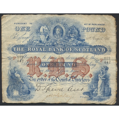 386 - Scotland. The Royal Bank of Scotland £1 1922 (28 Aug) F 222/442, good fine with adhesive tape attach... 