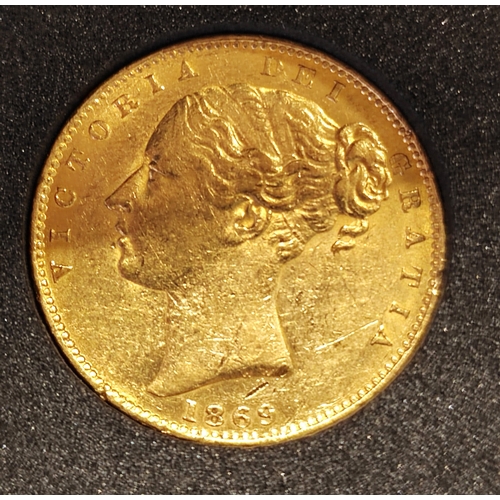 632 - Investment Gold Lot - documents required. 1869 boxed sovereign near extremely fine. (R)
