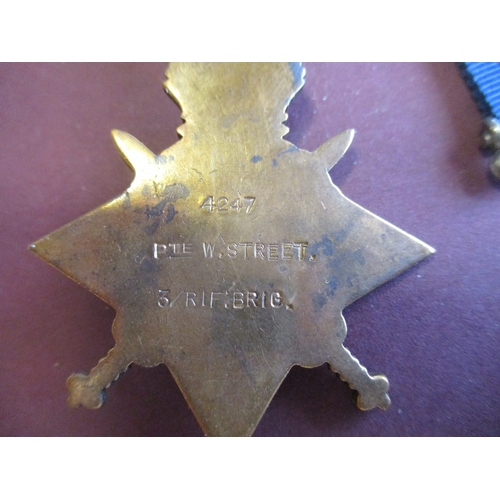 64 - 1914 Star trio with date bar and LSGC to 4247 Cpl W. Street Rif Brig (Pte 3/Rif Brig on Star, 185620... 