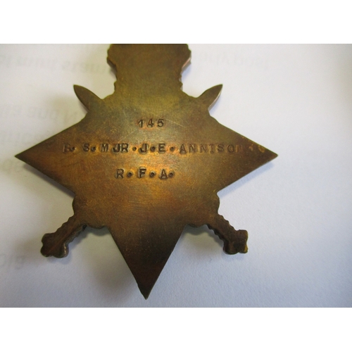 66 - 1914-15 Star trio with MID oakleaf and KGV Territorial Efficiency Medal to 145 W.O. Cl 2 J.E. Anniso... 