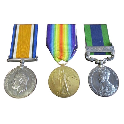 67 - WW1 BWM, Victory Medal and 1909 India GSM Afghanistan N.W.F. 1919 clasp to 301781 Gnr S.A. Chamberla... 