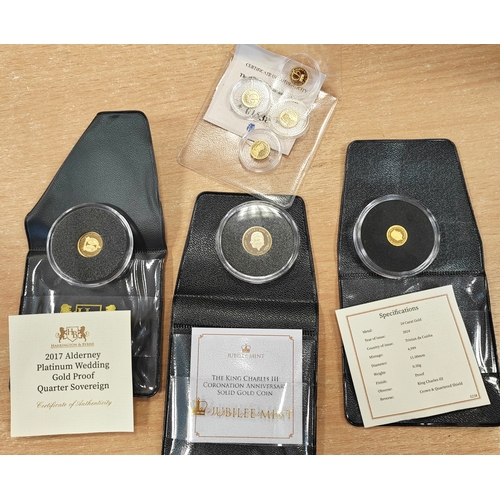 695A - Investment Gold Lot - documents required. Range of gold proof coins FDC with Alderney Platinum Weddi... 