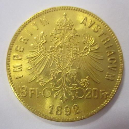 700 - Investment Gold lot - documents required. Austria. 1892 8 florin 20 francs uncirculated. (Y)