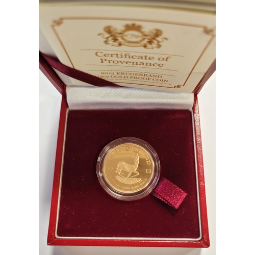 720 - Investment Gold Lot - documents required. South Africa. 2013 1/4 oz Krugerrand boxed proof FDC. (Y)
