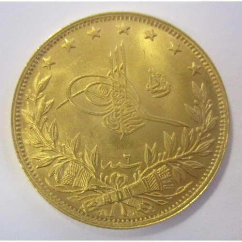 723 - Investment Gold lot - documents required. Turkey. 1909 100 kurush extremely fine. (Y)