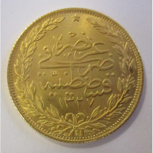 723 - Investment Gold lot - documents required. Turkey. 1909 100 kurush extremely fine. (Y)