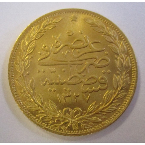 724 - Investment Gold lot - documents required. Turkey. 1909 100 kurush extremely fine. (Y)