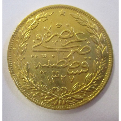 725 - Investment Gold lot - documents required. Turkey. 1909 100 kurush extremely fine. (Y)