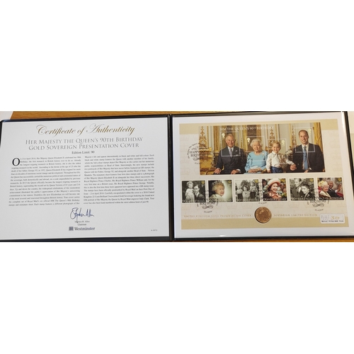 734 - Investment Gold Lot - documents required. Her Majesty The Queens 90th Birthday Gold Sovereign Presen... 